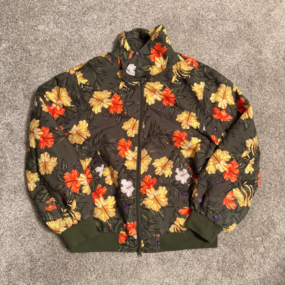 Diamond Supply Co Mens Large Hibiscus Floral Bomber Jacket Olive Green Full Zip